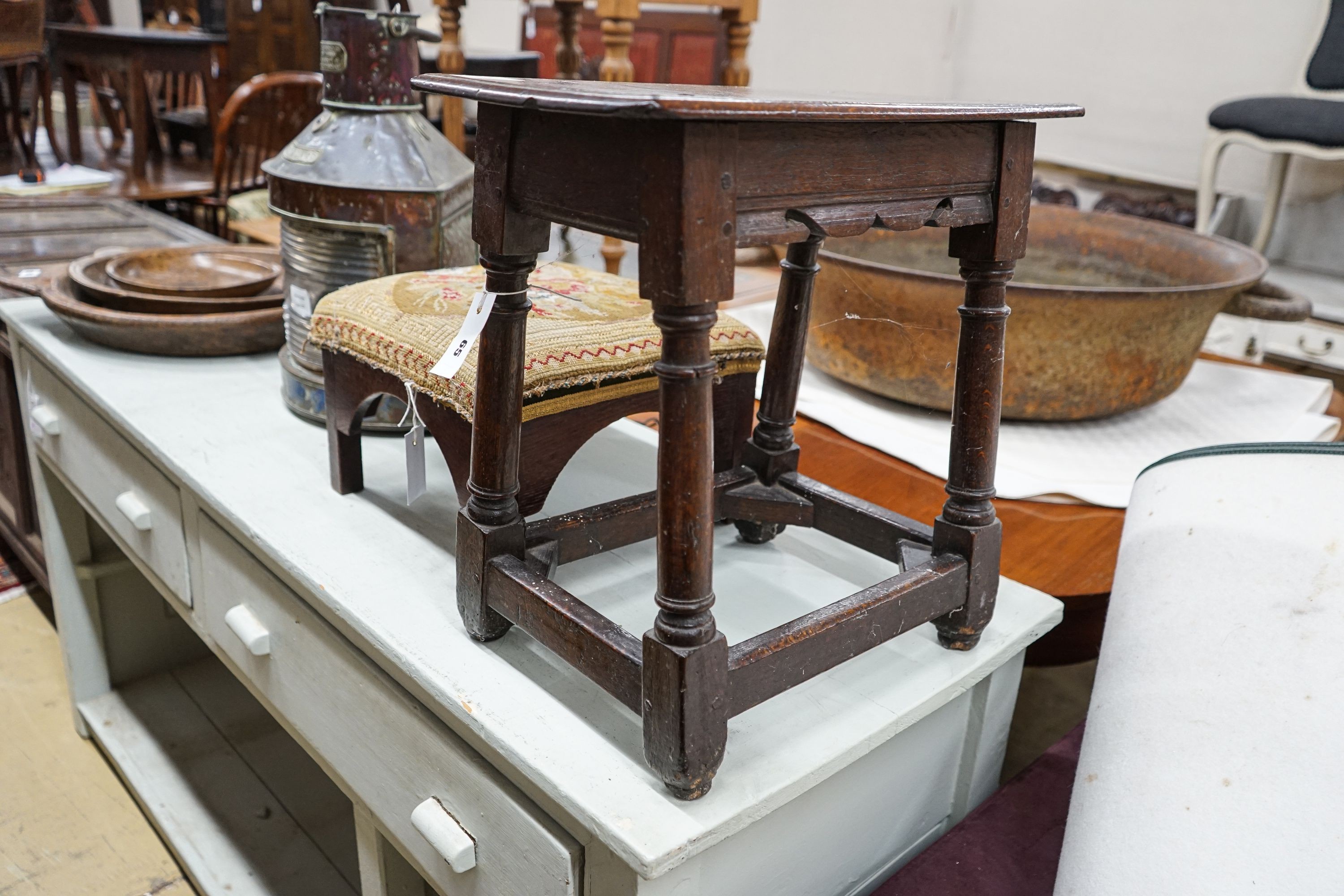 A 17th century style oak joint stool, width 46cm, depth 30cm, height 48cm